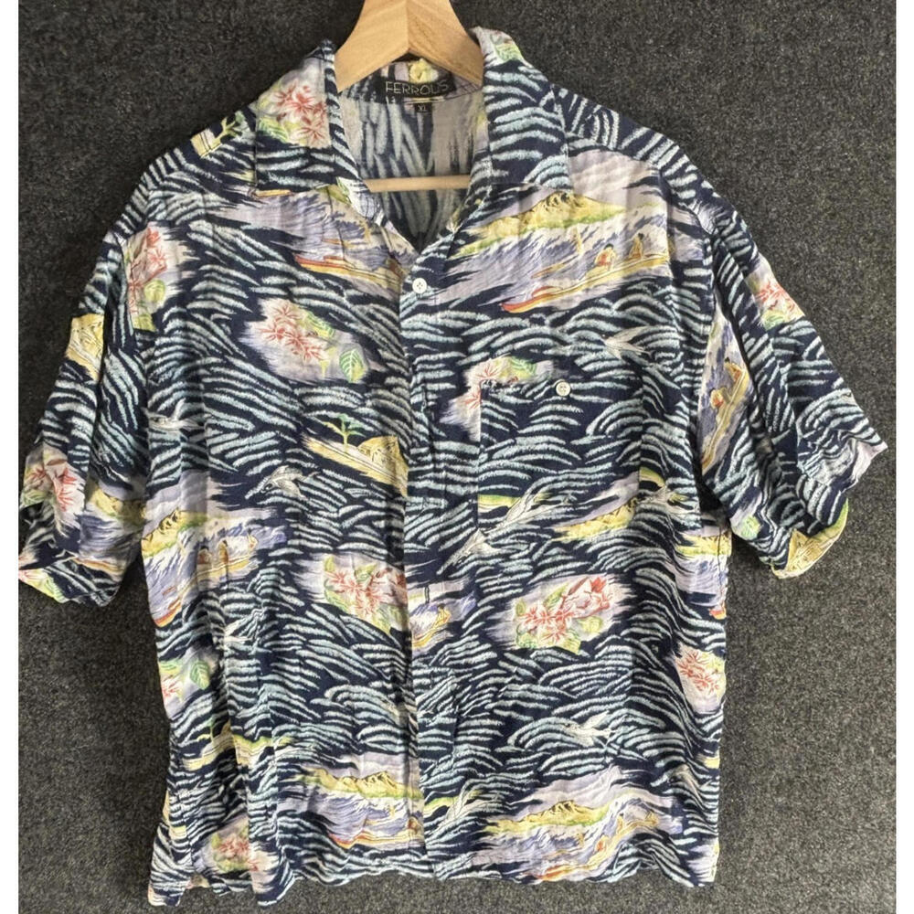 Ferrous Shirt Men XL Blue Floral Button Up Collared Short Sleeve Pockets Regular